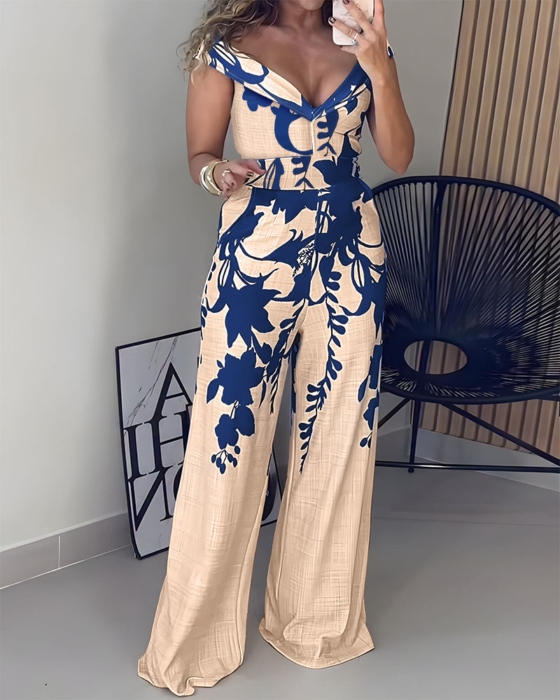 Floral Off-Shoulder V-Neck Jumpsuit