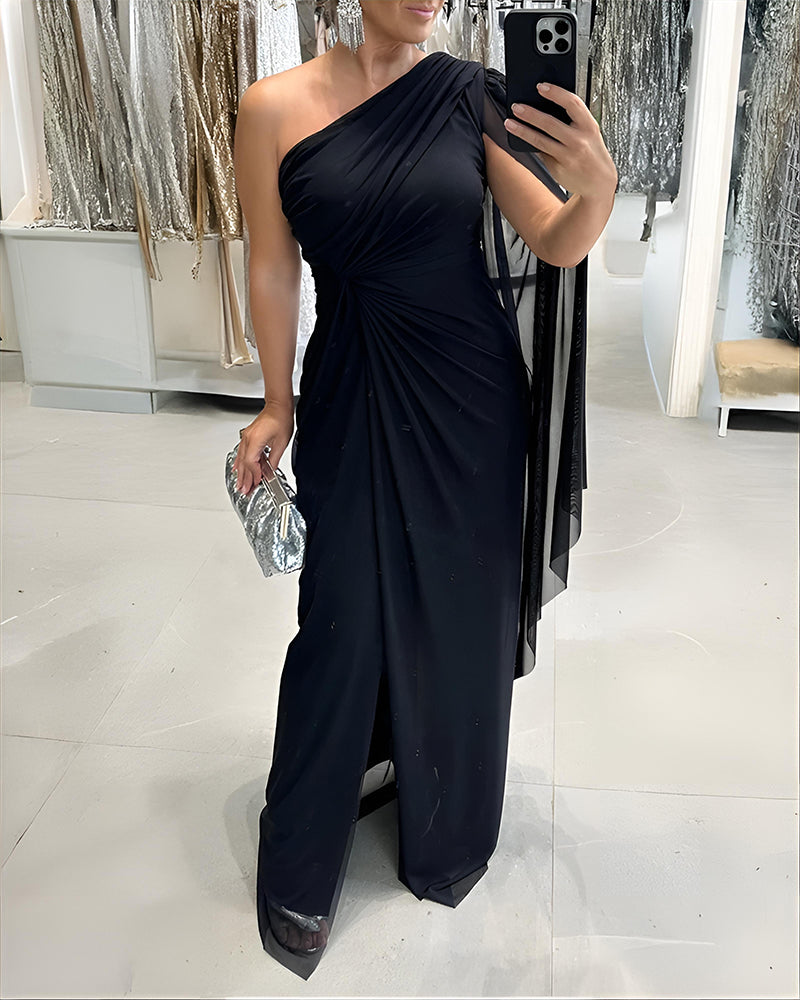 One-Shoulder Ruched Slit Dress