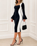 Colorblock Bell-Sleeve Square-Neck Dress