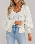 Cable-Knit Lantern-Sleeve V-Neck Cardigan — Noélla Montréal