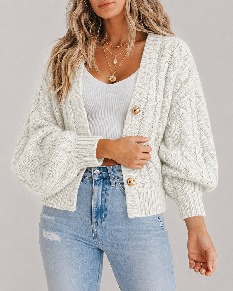 Cable-Knit Lantern-Sleeve V-Neck Cardigan — Noélla Montréal