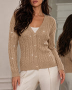 Cable-Knit Sequin V-Neck Cardigan