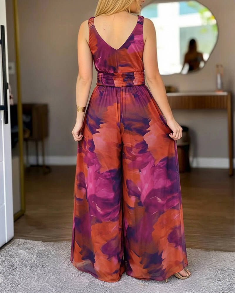 Tie-Dye V-Neck Backless Jumpsuit