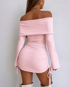 Off-Shoulder Ruched Drawstring Mini Dress