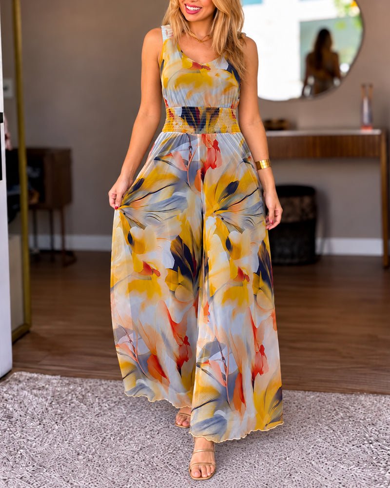 Floral V-Neck Shirred Jumpsuit