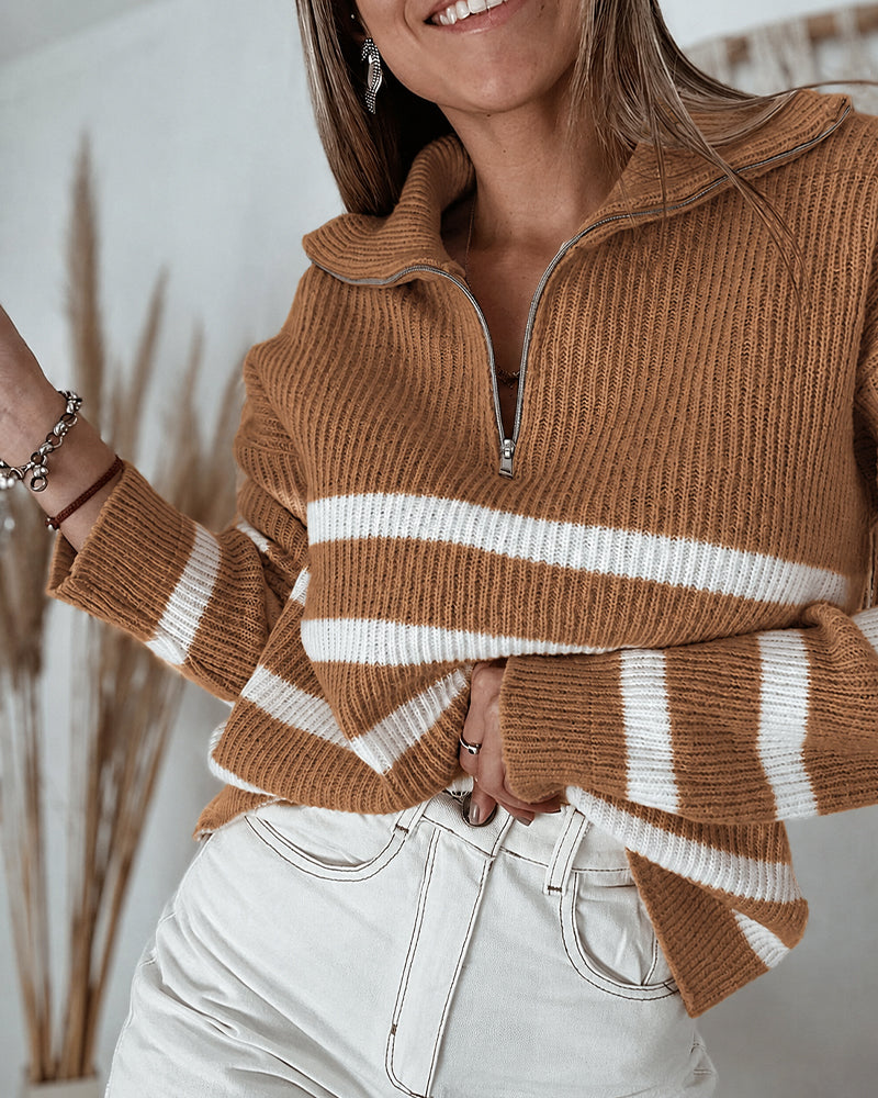 Colorblock Striped Half-Zip Sweater