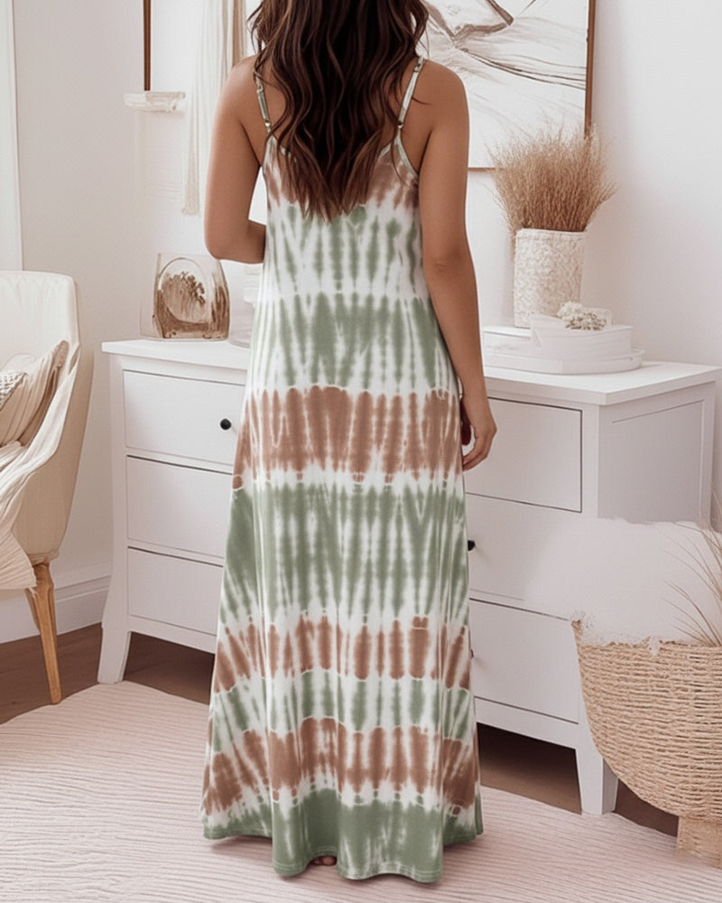 Tie-Dye U-Neck Backless Maxi Dress