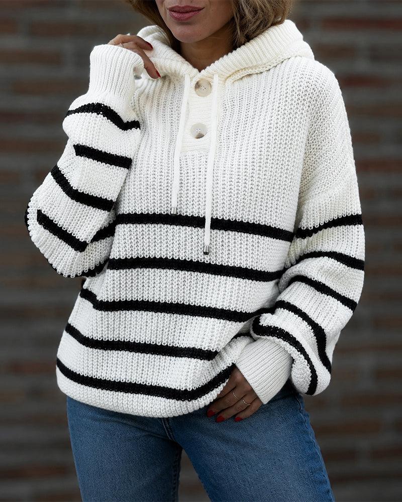 Striped Lantern-Sleeve Hooded Sweater