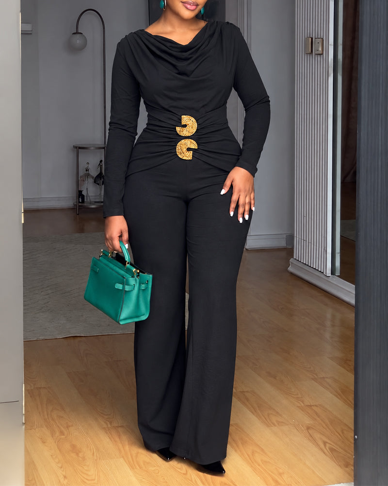 Cowl-Neck Ruched Buckle Jumpsuit