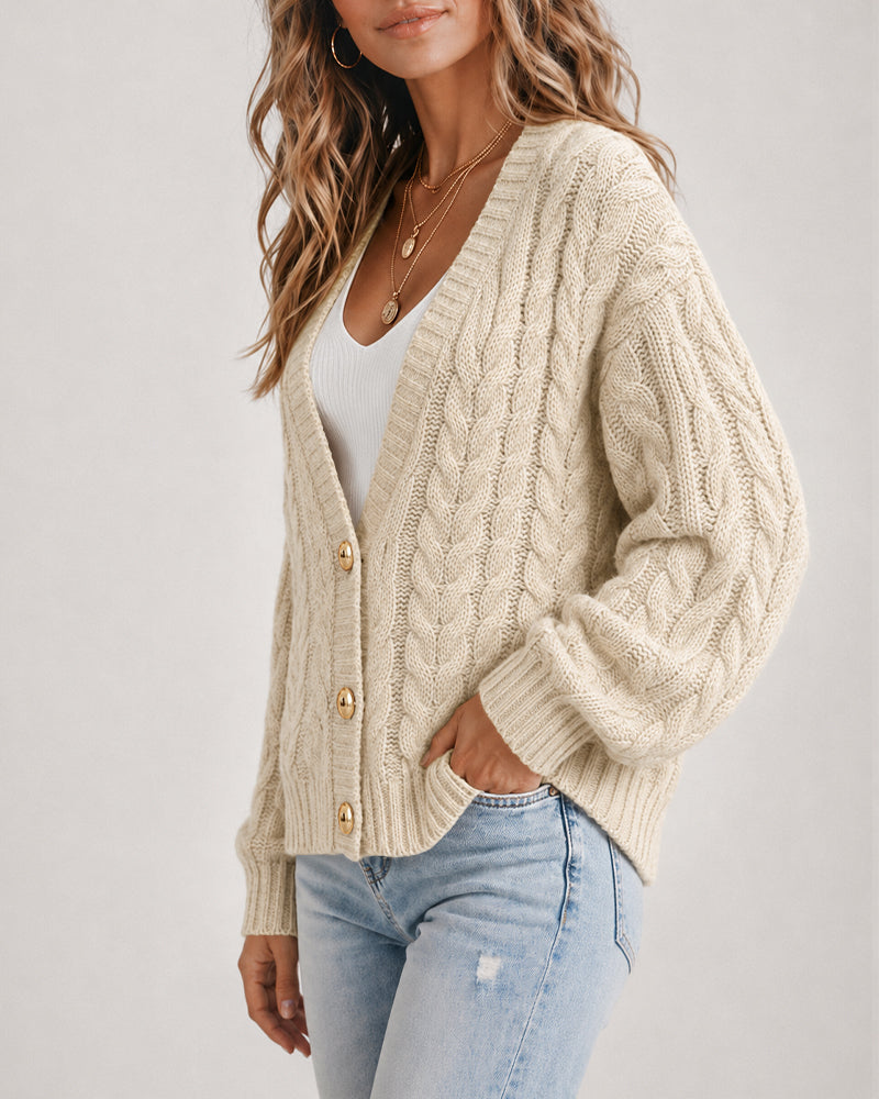 Cable-Knit Lantern-Sleeve V-Neck Cardigan