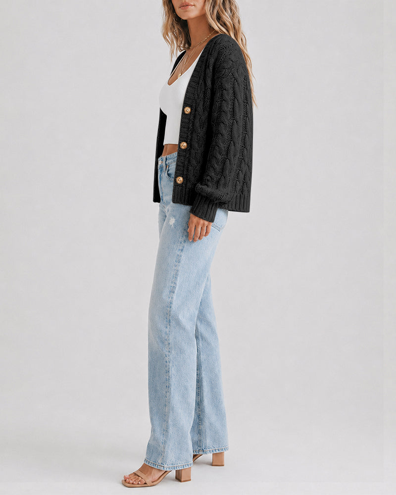 Cable-Knit Lantern-Sleeve V-Neck Cardigan — Noélla Montréal