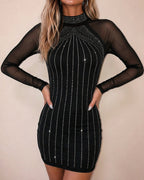 Rhinestone Mock-Neck Mesh Mini Dress