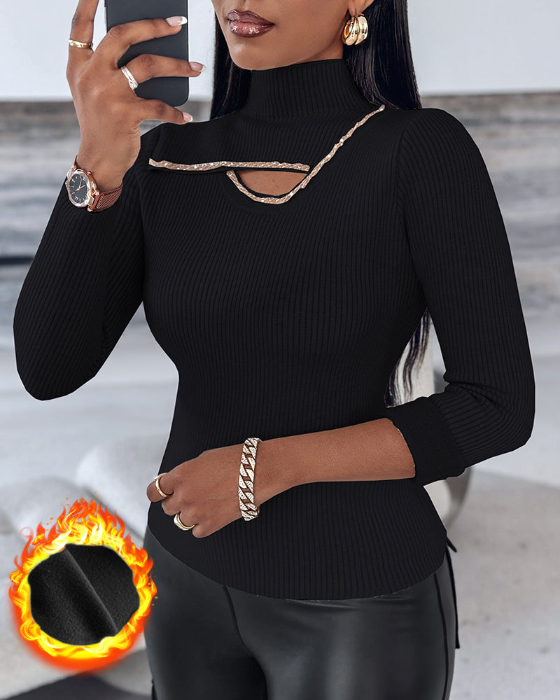 Beaded High-Neck Cutout Sweater