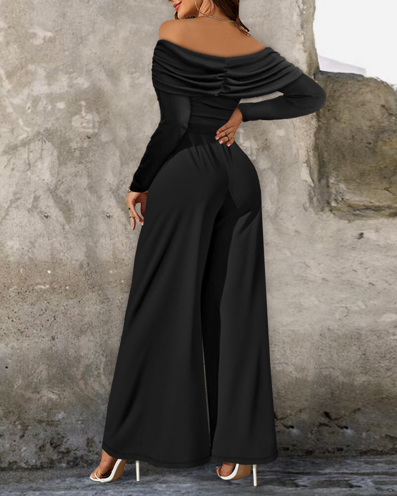 Off-Shoulder Ruched Wide-Leg Jumpsuit