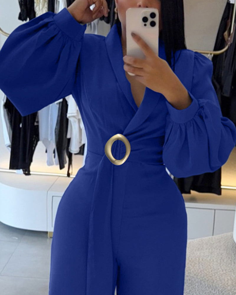 Lantern-Sleeve V-Neck Wide-Leg Jumpsuit