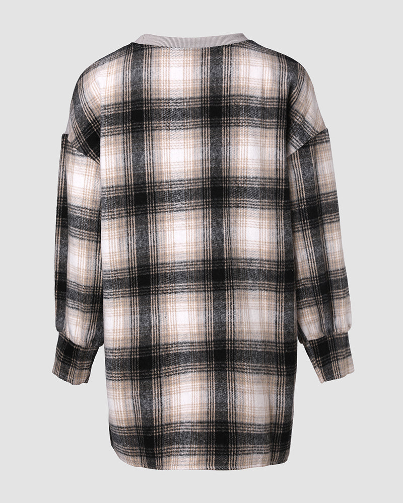 Plaid Drop-Shoulder Slit Sweatshirt