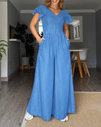 Denim V-Neck Backless Jumpsuit