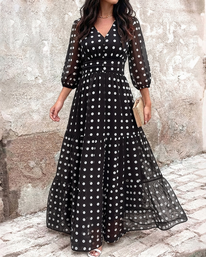 Chiffon Button-Up Lantern-Sleeve Maxi Dress
