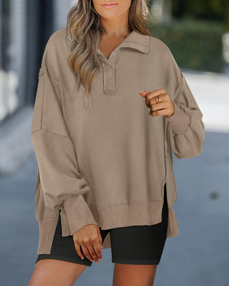 Snap-Button Drop-Shoulder Slit Sweatshirt