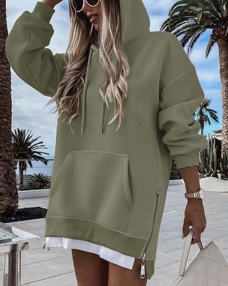 Drawstring Pocket Slit Hoodie