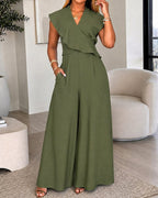V-Neck Backless Ruffle Jumpsuit