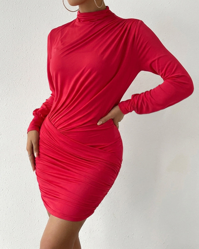 Lantern-Sleeve Mock-Neck Wrap Mini Dress — Noélla Montréal