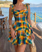 Colorblock Plaid Backless Mini Dress