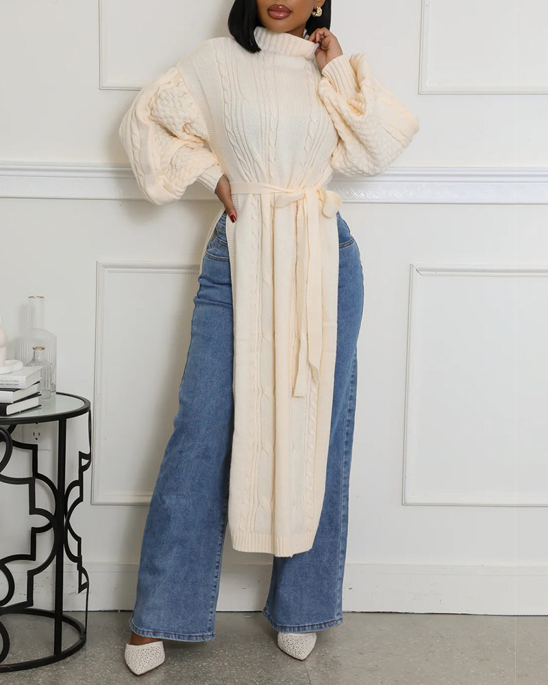 Textured Lantern-Sleeve High-Neck Sweater