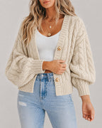 Cable-Knit Lantern-Sleeve V-Neck Cardigan — Noélla Montréal