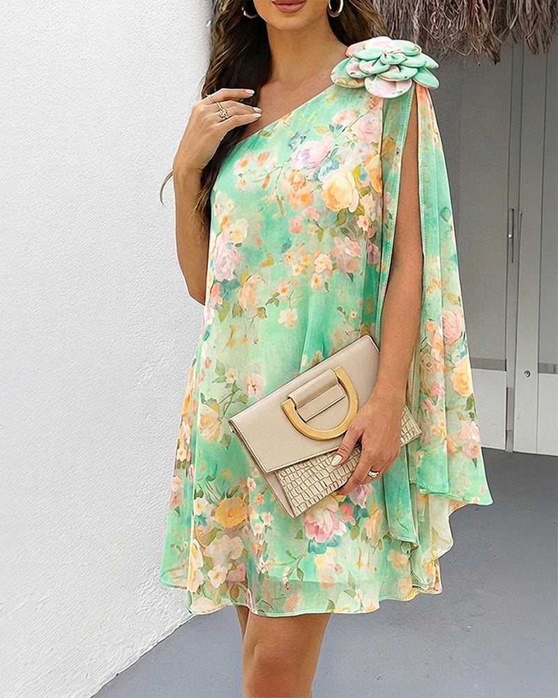 Floral Chiffon One-Shoulder Mini Dress
