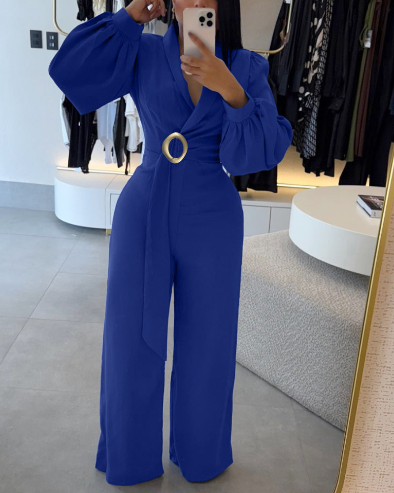 Lantern-Sleeve V-Neck Wide-Leg Jumpsuit