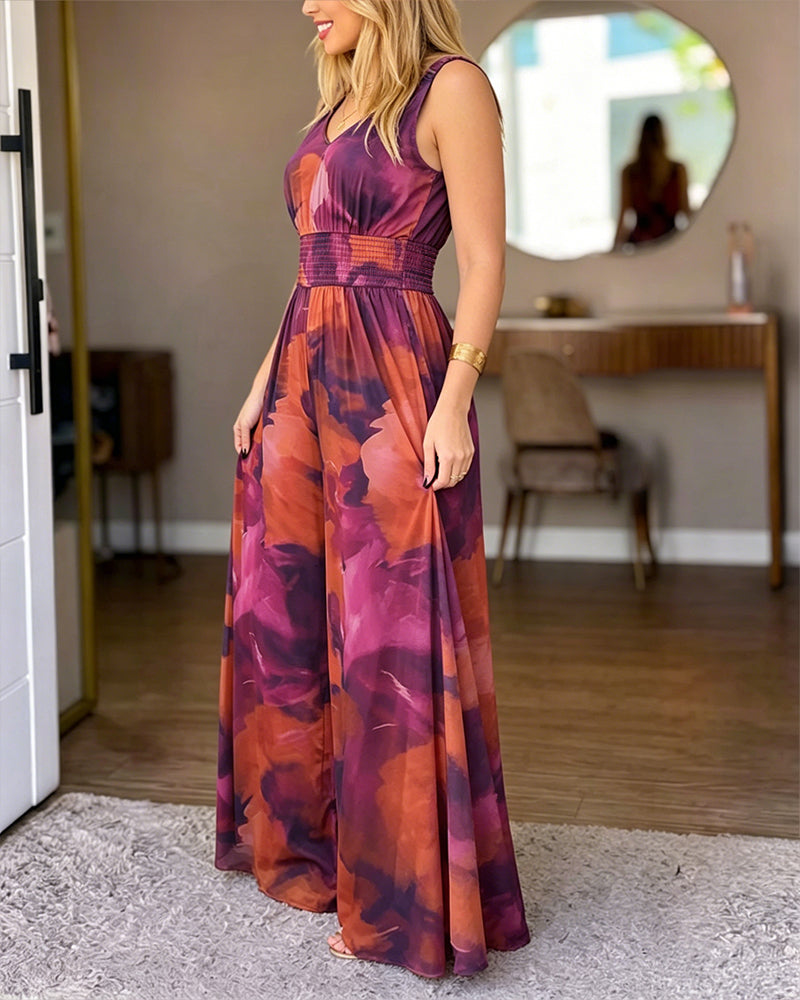 Tie-Dye V-Neck Backless Jumpsuit