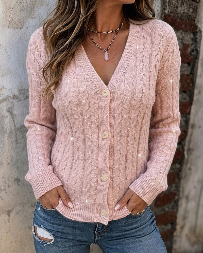 Cable-Knit Sequin V-Neck Cardigan