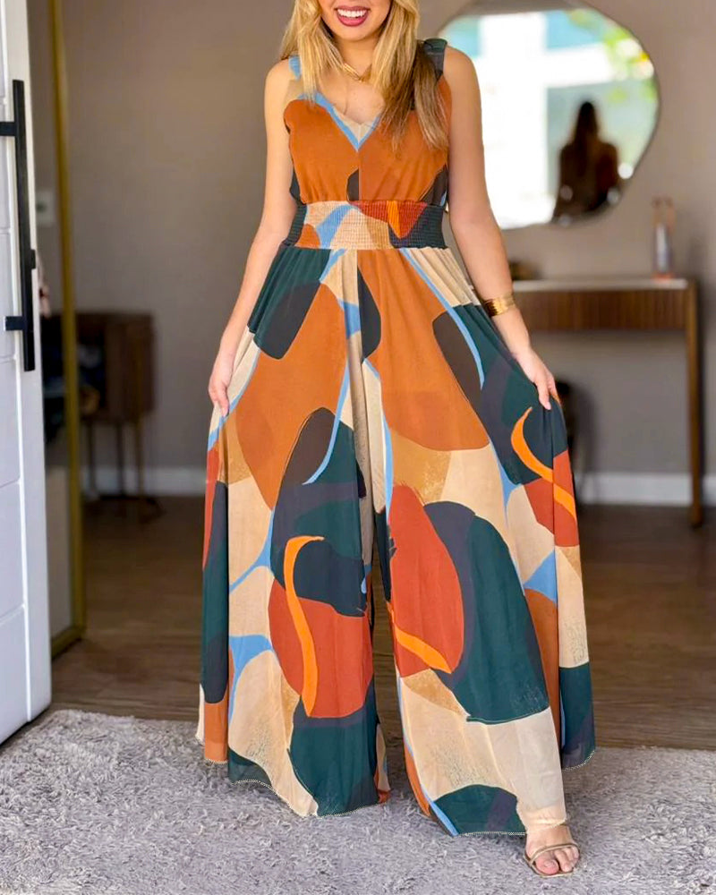 Abstract-Print V-Neck Backless Jumpsuit