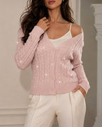 Cable-Knit Sequin V-Neck Cardigan