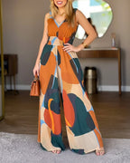 Abstract-Print V-Neck Backless Jumpsuit