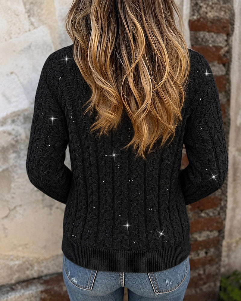 Cable-Knit Sequin V-Neck Cardigan
