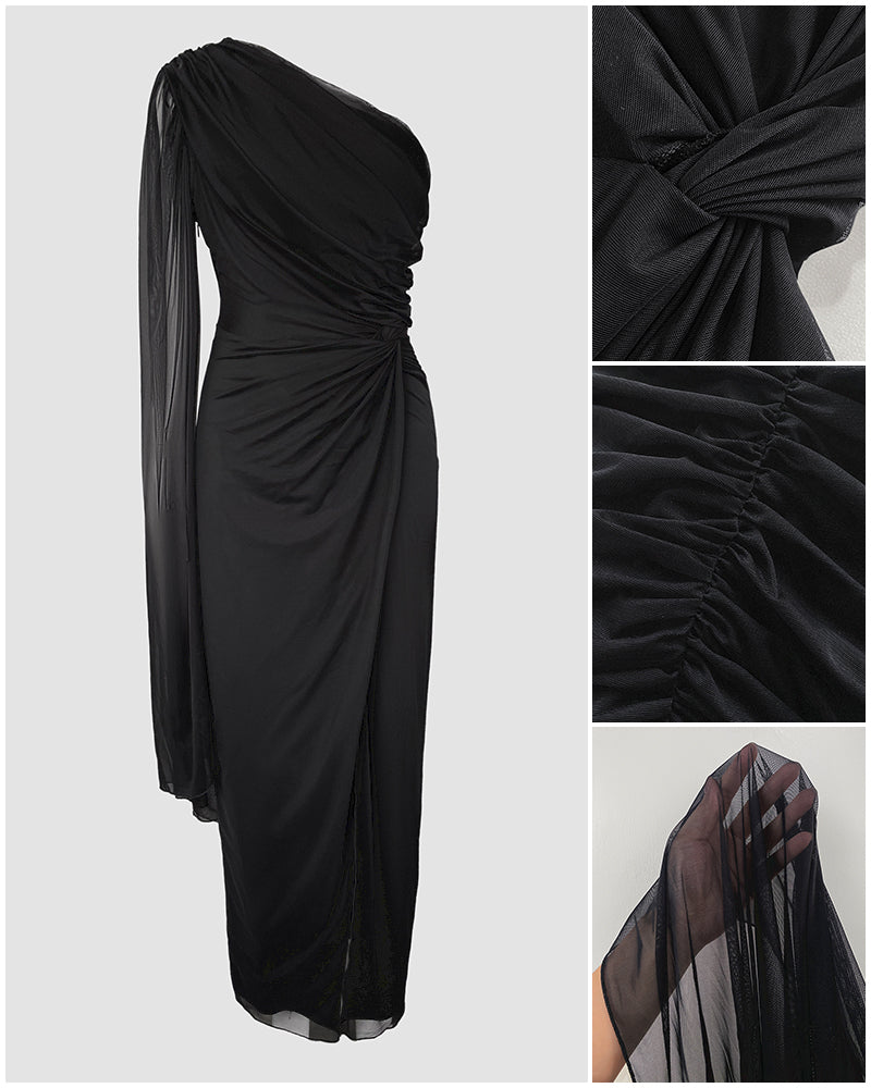One-Shoulder Ruched Slit Dress