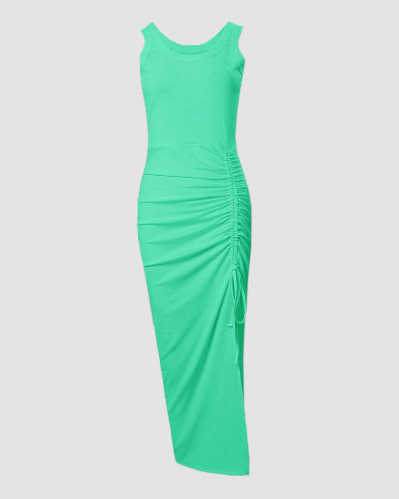 Ribbed Ruched Drawstring Maxi Dress