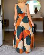 Abstract-Print V-Neck Backless Jumpsuit