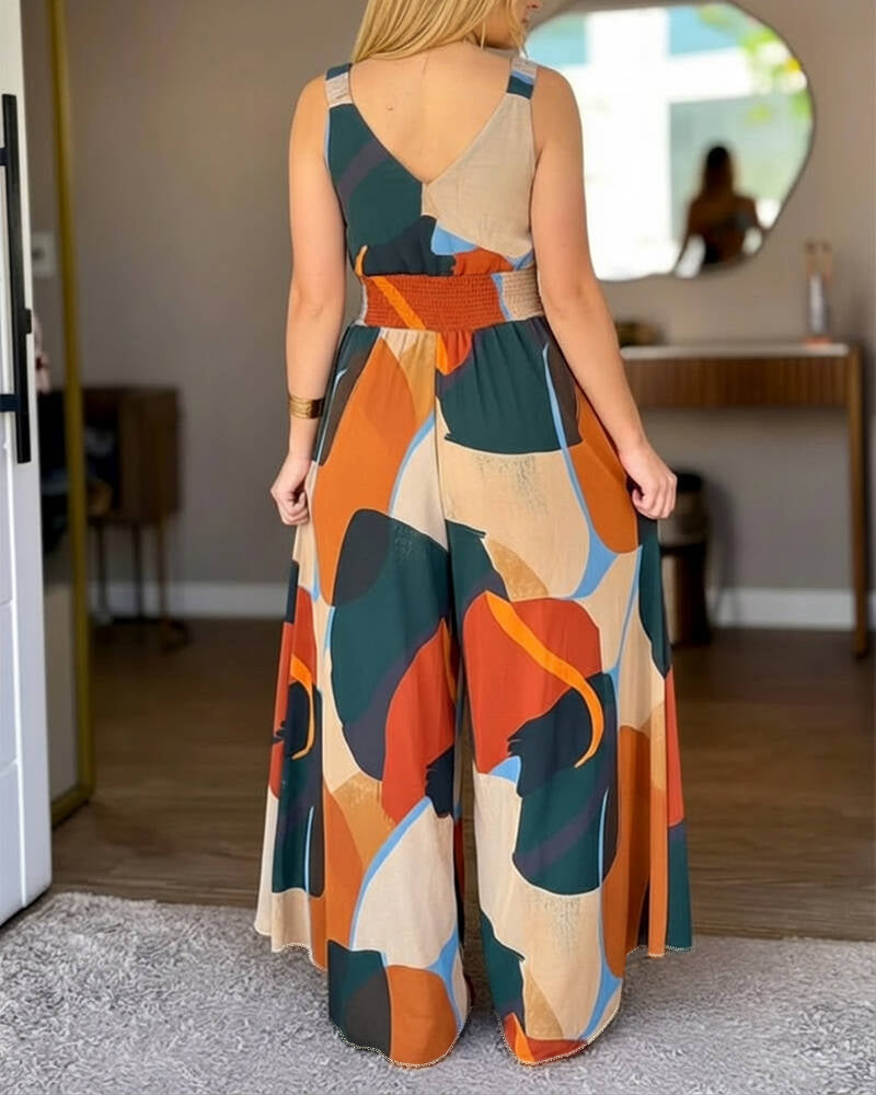 Abstract-Print V-Neck Backless Jumpsuit