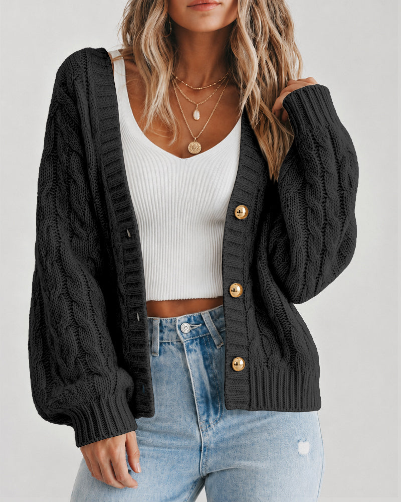 Cable-Knit Lantern-Sleeve V-Neck Cardigan