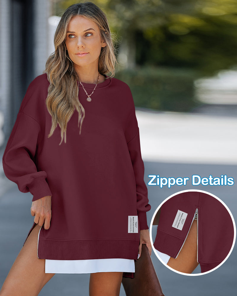Drop-Shoulder Slit Zip Sweatshirt
