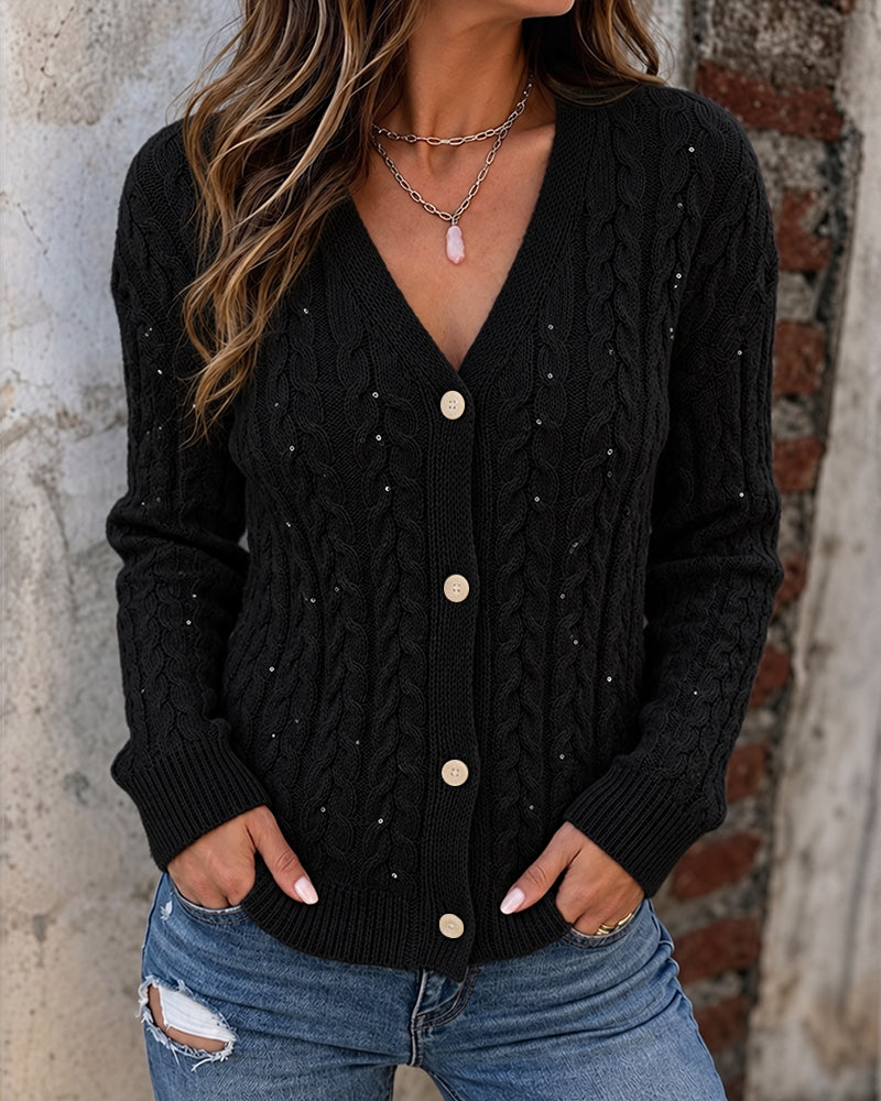 Cable-Knit Sequin V-Neck Cardigan