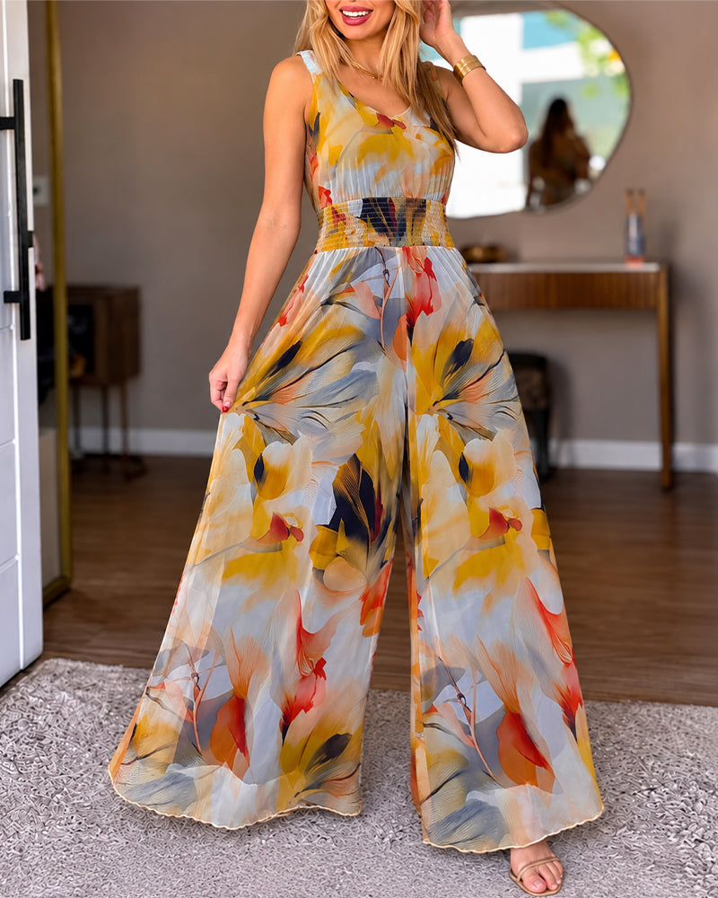 Floral V-Neck Shirred Jumpsuit