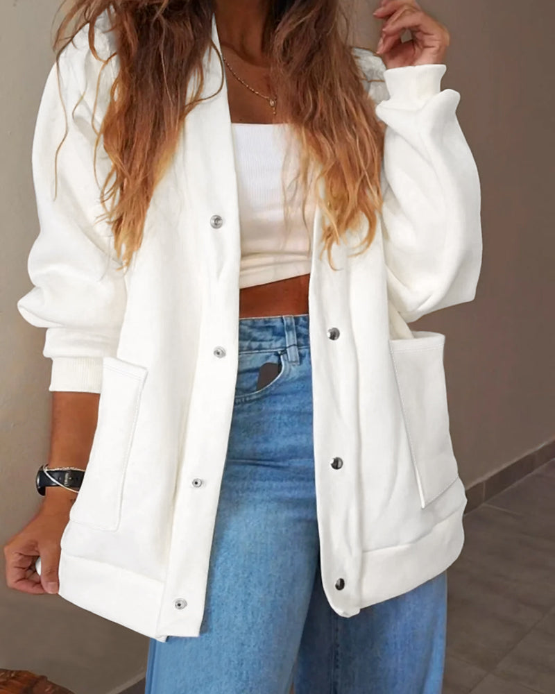 Snap-Button V-Neck Drop-Shoulder Cardigan