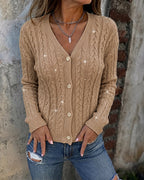 Cable-Knit Sequin V-Neck Cardigan