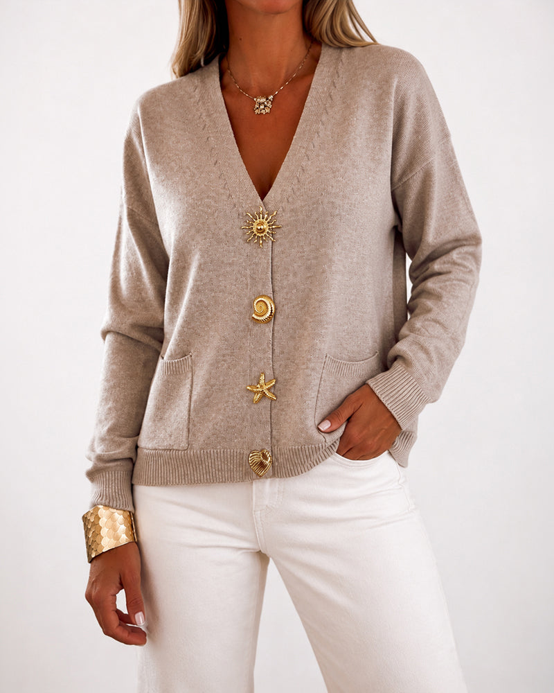 Gold-Button V-Neck Pocket Cardigan — Noélla Montréal