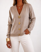 Gold-Button V-Neck Pocket Cardigan — Noélla Montréal