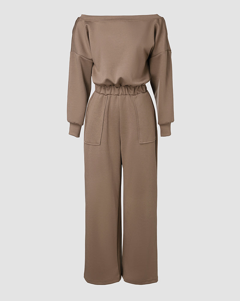 Off-Shoulder Wide-Leg Drop-Shoulder Jumpsuit